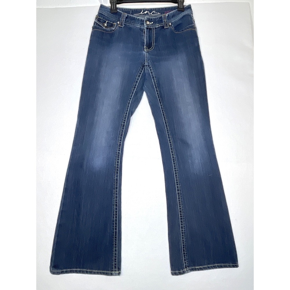 INC Women Jeans Curvy Fit Boot Leg Rhinestone Button Flap Pocket 4 Blue